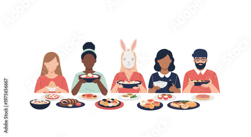 Group of diverse people having a meal together at a dinner party. EPS Editable. Vector Illustrations.