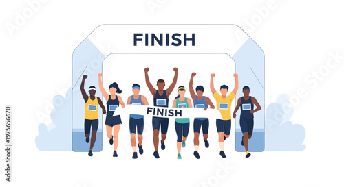 Group of diverse marathon runners crossing the finish line. EPS Editable. Vector Illustrations.