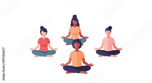 Group of diverse people practicing meditation and mindfulness in lotus position. EPS Editable. Vector Illustrations.