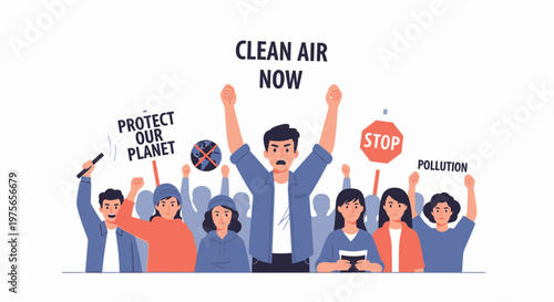Group of diverse people protesting for clean air and environmental protection. EPS Editable. Vector Illustrations.