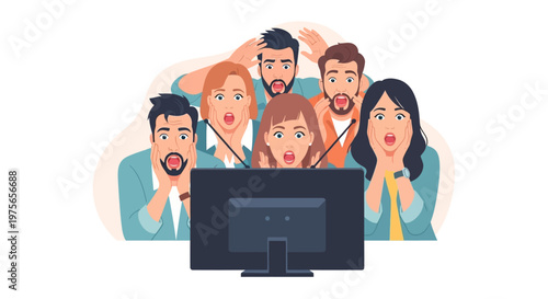 Group of diverse people watching television with shocked and surprised expressions. EPS Editable. Vector Illustrations.