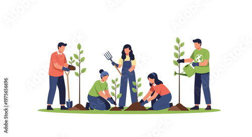 Group of diverse volunteers planting young trees in a community garden. EPS Editable. Vector Illustrations.