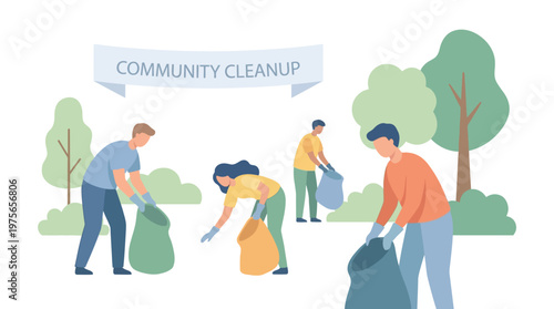 Group of volunteers cleaning up a park community event. EPS Editable. Vector Illustrations.