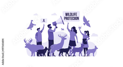 Group of people protesting for wildlife protection and animal rights. EPS Editable. Vector Illustrations.