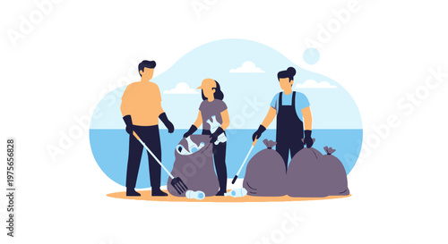 Group of volunteers cleaning up trash on the beach. EPS Editable. Vector Illustrations.