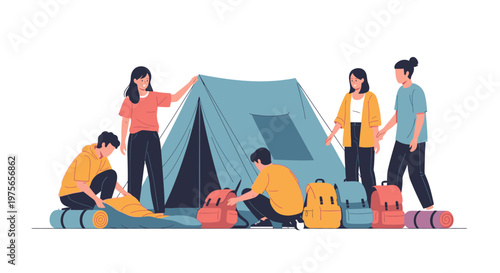 Group of young friends setting up a camping tent outdoors. EPS Editable. Vector Illustrations.