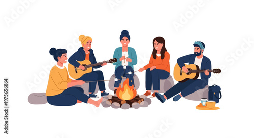 Group of young friends sitting around a campfire playing acoustic guitars. EPS Editable. Vector Illustrations.