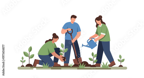 Group of volunteers planting trees together in a community garden project. EPS Editable. Vector Illustrations.