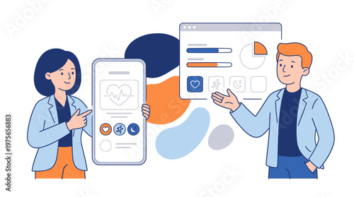 Medical professionals showcase digital health app displaying vital signs and data