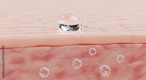 3d rendering of a human skin with a crystal clear serum drop on the surface and penetrating into layers