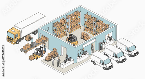 Warehouse logistics and supply chain management isometric vector illustration for distribution and delivery services