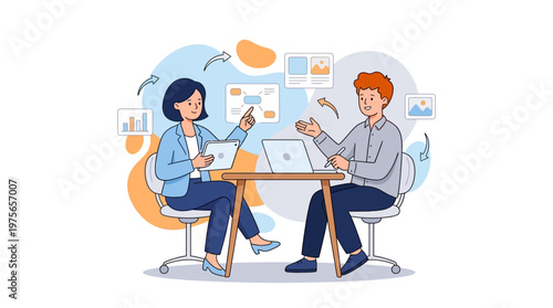 Professional colleagues collaborate on project ideas using digital tools vector illustration