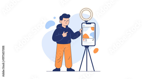 Young person creating content with phone and ring light for social media platform