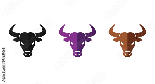 Three stylized bull heads in black, purple, and brown against a white background, representing strength and power