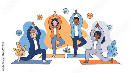Diverse professionals practicing yoga exercise for wellness and balance in office