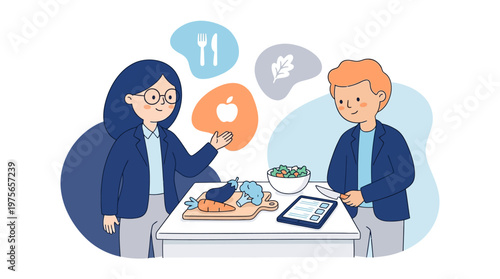 Nutrition consultation people discussing healthy food choices and diet planning