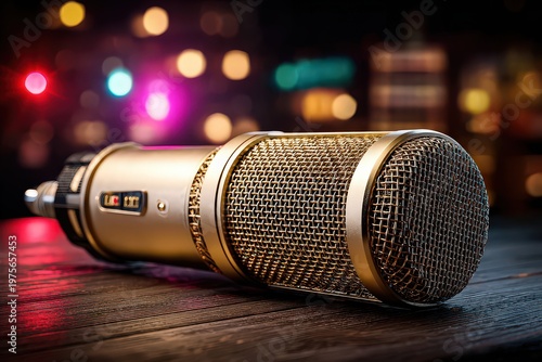 Vintage Gold Condenser Microphone Rests on a Textured Wooden Table with a Softly Blurred Bokeh Background of Colorful Lights Creating an Atmospheric Ambiance for Music Recording or Performance