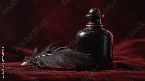 Vintage inkwell and feather quill on a textured dark red fabric surface with dramatic lighting and water droplets on the ink bottle and feather
