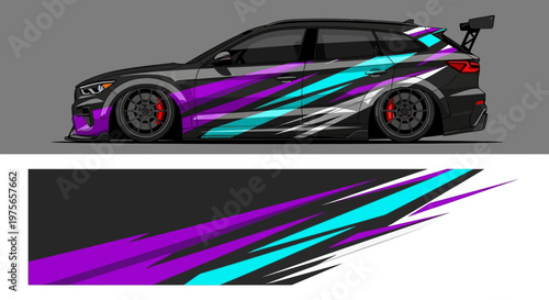 Vibrant purple and teal race car with bold graphic wrap on a track.