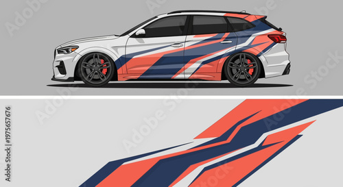 British flag themed racing car with dynamic graphics on a gray studio background.