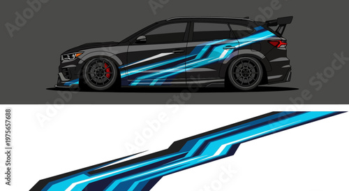 Sleek blue striped sports car with futuristic design on dark background.