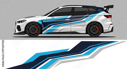 Sleek race car illustration featuring blue aerodynamic livery and dynamic graphic styling.
