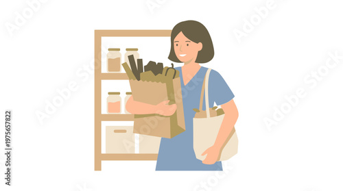 Happy woman carrying groceries and a canvas bag in a pantry. EPS Editable. Vector Illustrations.