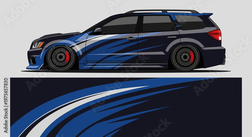 Sleek blue racing car silhouette with dynamic graphic design on wheels.