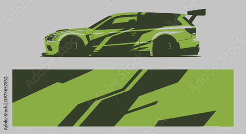 Energetic lime-green sports car silhouette racing on a dark track with aerodynamic lines.