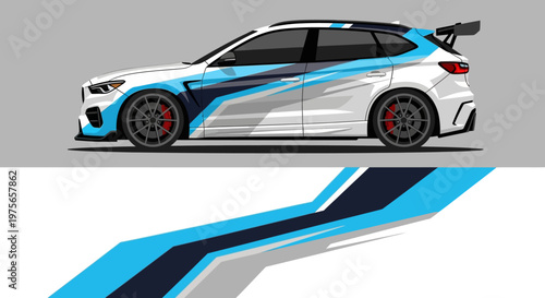 Sleek blue graphic race car with dynamic stripes and decals.