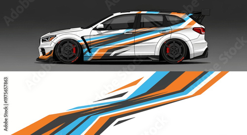 High-speed race car with blue orange gray racing livery on a dark background.