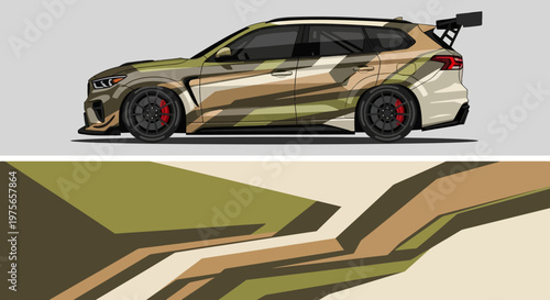 Profile view of camouflage-wrapped sports car with bold racing livery design.