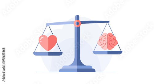 Heart and Brain Balanced on a Scale Illustrating Emotional and Rational Thinking. EPS Editable. Vector Illustrations.