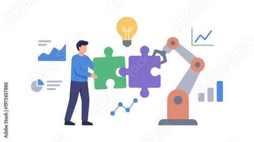 Human and Robot Collaborating on Business Puzzle Solutions. EPS Editable. Vector Illustrations.