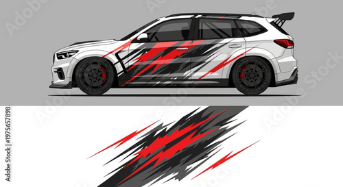 Side view of a high-performance racing car with dynamic red black graphics and sleek aerodynamic design.