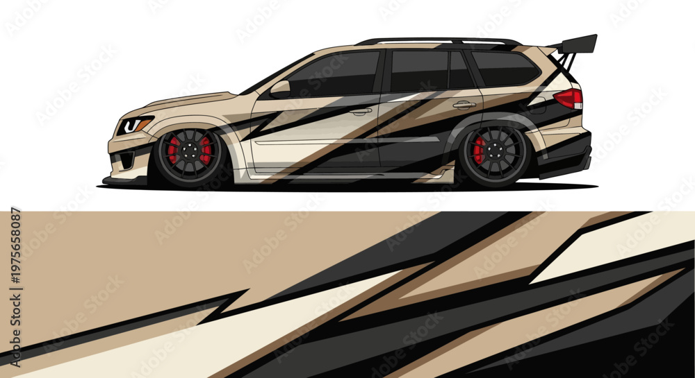 Fototapeta premium Graphic illustration of a stylized beige and black sports car with dynamic racing stripes and futuristic design.