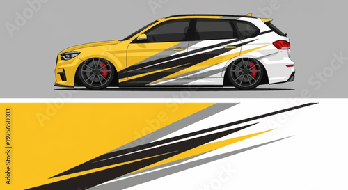 Sleek yellow race car with bold black and white graphics on a gray background.