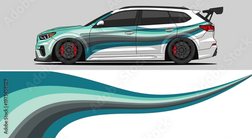 Dynamic turquoise and teal sports car illustration with bold graphics and flowing wave accents.