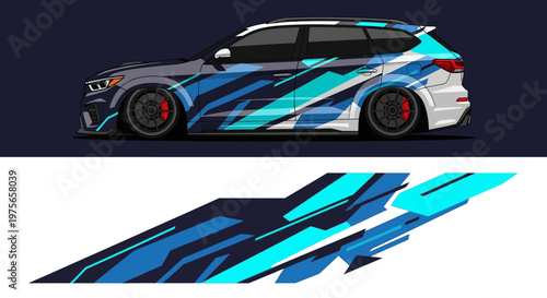 Bold geometric blue racing car decals on a sleek modern vehicle.