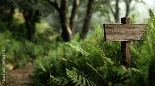 Wooden Trail Marker Signpost in Lush Green Forest with Ferns and Soft Morning Light Creating a Serene and Inviting Atmosphere