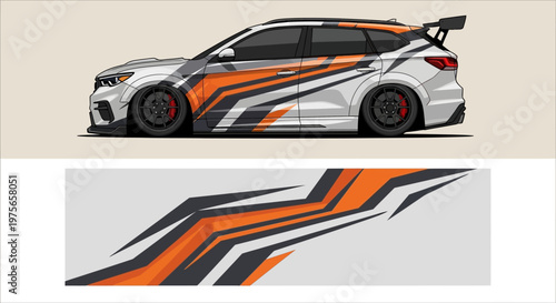 Sleek orange and black white striped racecar with bold livery and aerodynamic design.