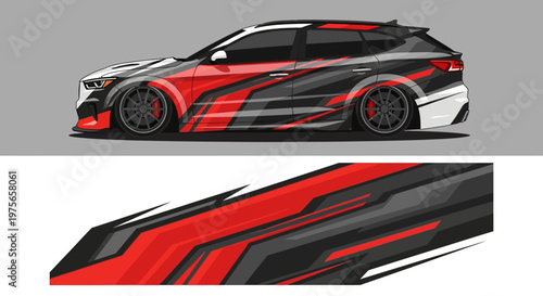 Sleek red and black wrapped sports car with dynamic graphic design and aerodynamic styling for race-inspired appeal.