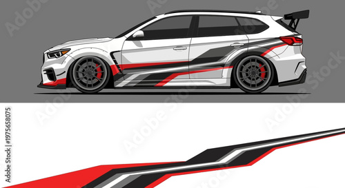 High-contrast racing hatchback with bold red, black, and white livery on a dynamic street-legal performance vehicle.