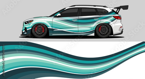 Teal race car with flowing graphic wraps and dynamic aerodynamic design on display.