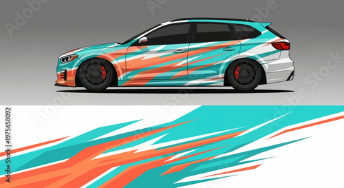 Sleek turquoise and orange wrapped sports car with bold graphics and dynamic stance.