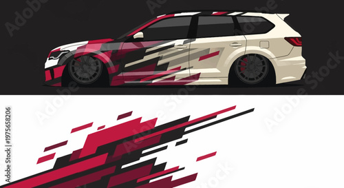 Stylized racing car graphic with bold red and maroon streaks against dark background.