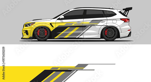 Side view of a yellow and black racing car with bold graphics.