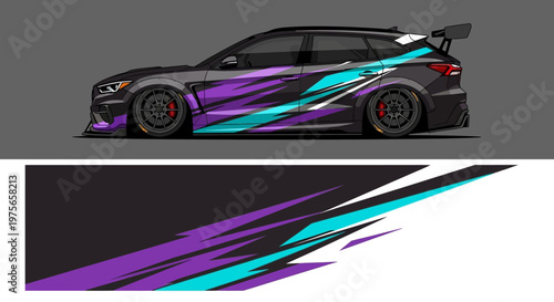 Sleek colorful racing car with purple and teal graphics on a dark backdrop.