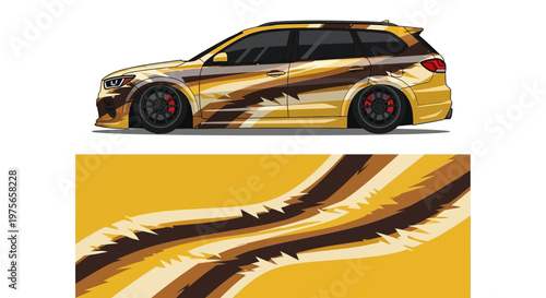 Golden tiger striped sports car with bold wrap design and metallic finish.