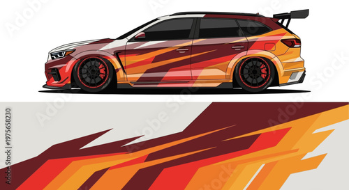 Sleek customized race car with fiery orange and red flame graphics on a sporty sedan.